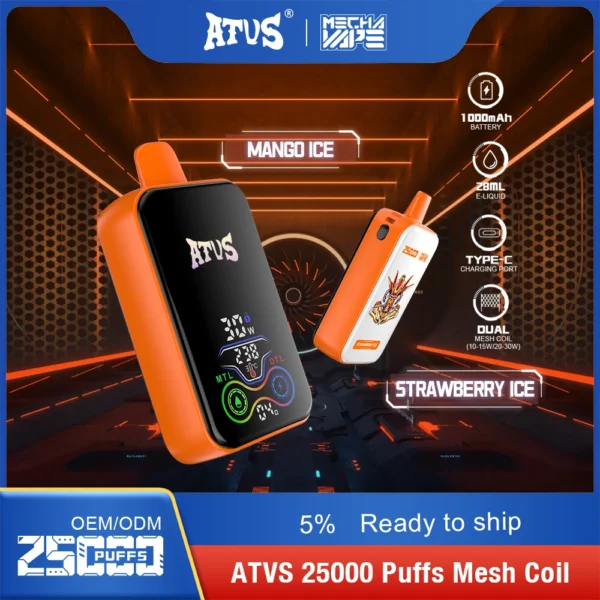 Penna per vaporizzatori usa e getta ricaricabile a basso contenuto di nicotina ATVS 25000 Puffs Dual Mesh 5% Acquista all'ingrosso - BackVape - 7